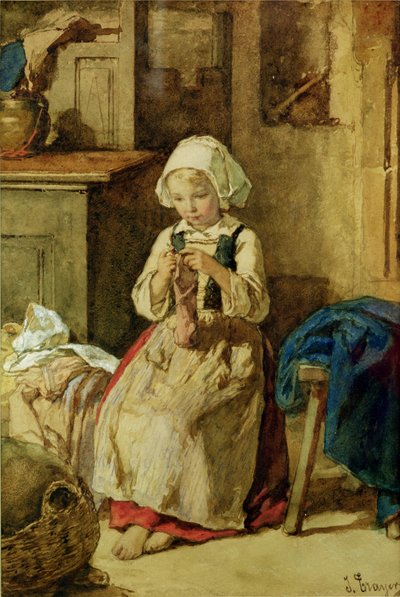 Young girl sewing by Jules Trayer